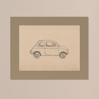 Fiat 500 mit Passepartout drucken | 40cm x 50cm | Linoleum