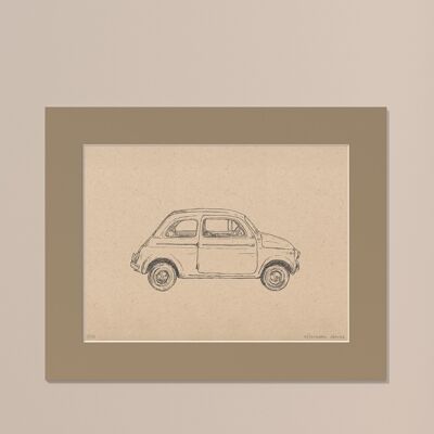 Fiat 500 mit Passepartout drucken | 40cm x 50cm | Linoleum