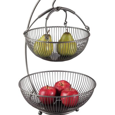Support à fruits moderne // métal // noir // deux grands bols à fruits et porte-bananes