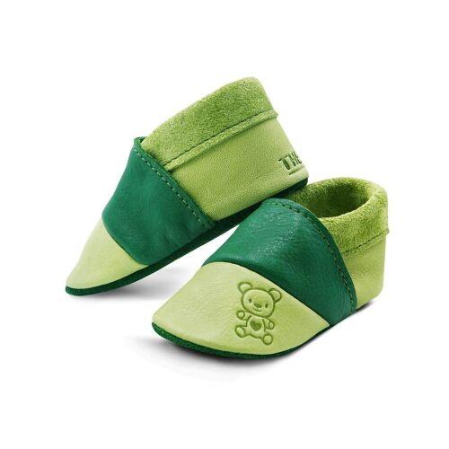 THEWO | Kinderschuhe aus Öko-Leder | Farbe: grün - dunkelgrün | Motiv: Teddy