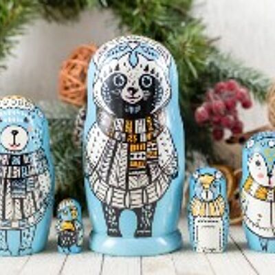 Nesting dolls for kids blue wild animals 18 cm. 5 Pieces