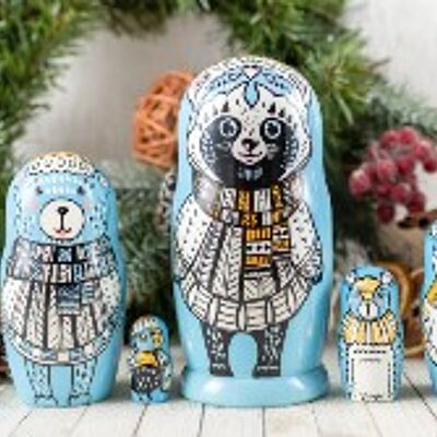 3 Nesting dolls for kids blue wild animals 10 cm. 3 Pieces