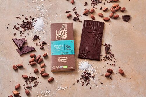 Organic and Raw Dark Chocolate SWEET BEAN CHIPS AND SEA SALT 85% - 70 g