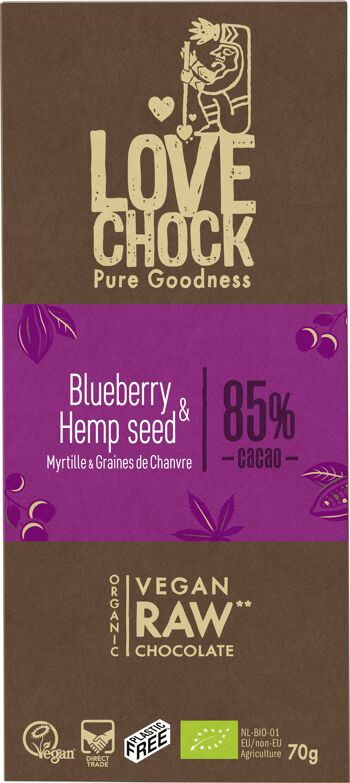 Vegan Dark Chocolate BLUEBERRIES & HEMP SEEDS 85% 70 g organic 2