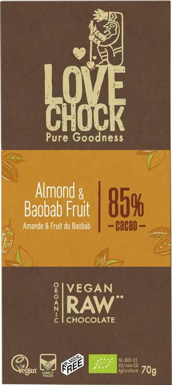 Raw Vegan Dark Chocolate ALMOND AND BAOBAB FRUIT 85% 70 g organic 2