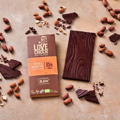 Rohe vegane dunkle Schokolade mit MANDELN UND BAOBAB-FRÜCHTEN 85 % 70 g Bio