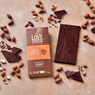 Rohe vegane dunkle Schokolade mit MANDELN UND BAOBAB-FRÜCHTEN 85 % 70 g Bio