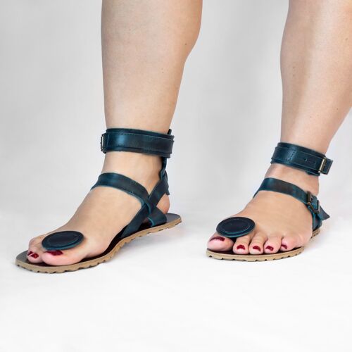 ZOE SAPHIRE. Deep blue leather ankle cuff sandals