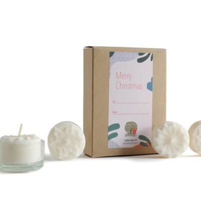 Feliz Navidad: caja de regalo que contiene velas de té de cera de colza y una taza