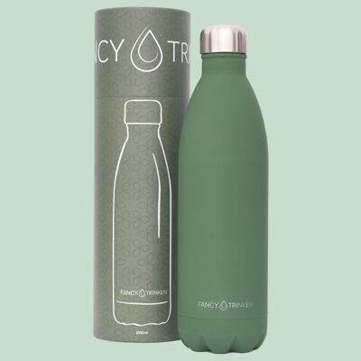 Drinking bottle made of stainless steel, double-walled insulated, 1 liter, dark green, only logo