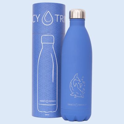 Stainless steel drinking bottle, double-walled, 1 liter, dark blue, marine animal