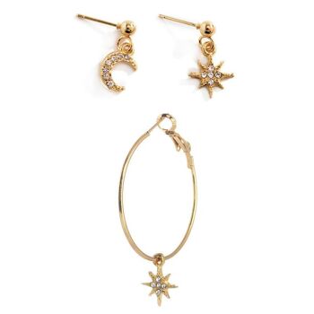 Boucles d'oreilles asymétriques lune et étoile avec un seul grand cerceau 1