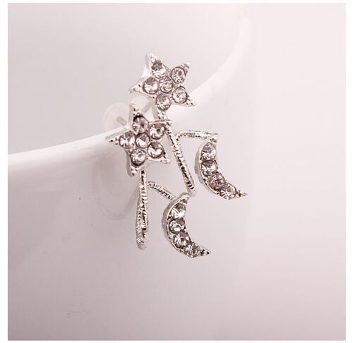 Rhinestone Moon and Star Ear Clip - Silver