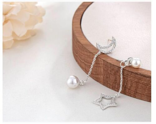 Asymmetric Rhinestone Moon Star with Pearl  Earrings - Silver