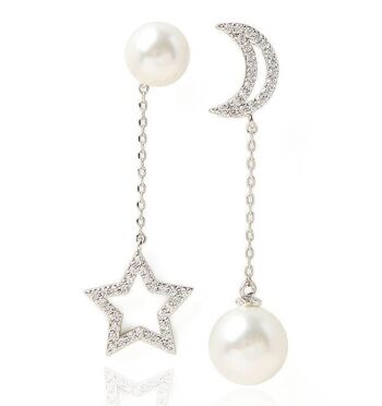 Boucles d'Oreilles Asymétriques Strass Lune Etoile avec Perle - Or 2