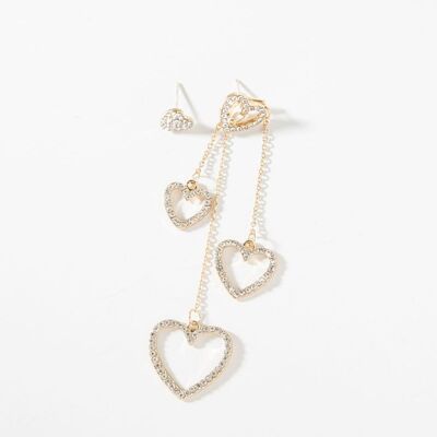 Asymmetric Rhinestone Hearts Tassel Earrings - Gold