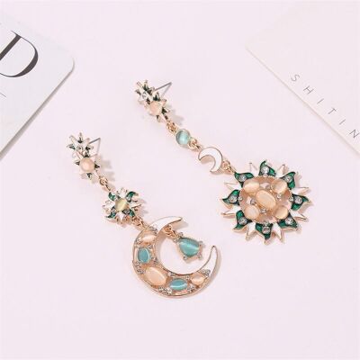 Boucles D'oreilles Longues Asymétriques Baroque Soleil Et Lune Opale