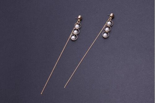 Triple Pearl-in-Hoop Long Single Tassel Earrings - Gold