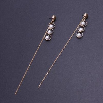 Triple Pearl-in-Hoop Long Single Tassel Earrings - Gold