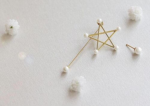 Asymmetric Star and Stick with Pearls Earrings - Gold