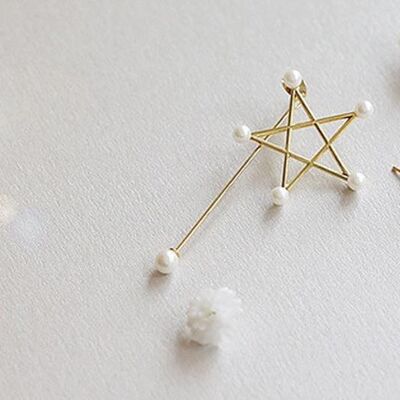 Asymmetric Star and Stick with Pearls Earrings - Gold