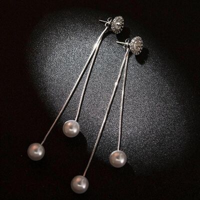 Sunshine Rhinestone Long Slinky Tassel with Pearls Earrings Silver