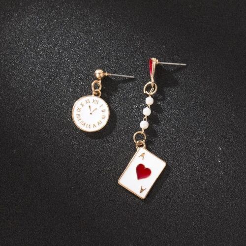 Asymmetric Dreamy Clock and Poker Card Earrings