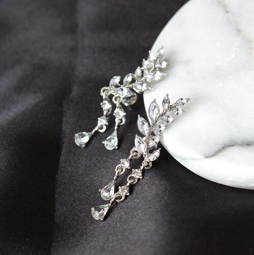 Rhinestone Leaf with Tassels Earrings - Silver