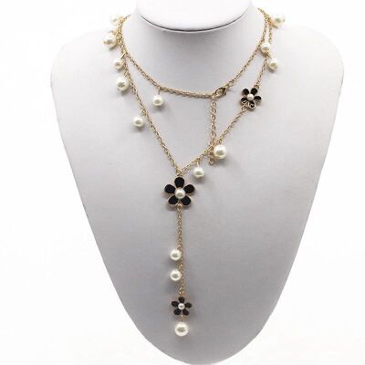 Five-petal flower with pearl sweater necklace - Black