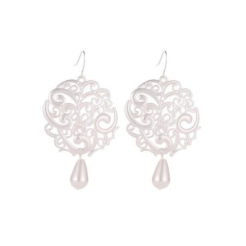 Vintage palace round engraved with pearl drop earrings - WHITE