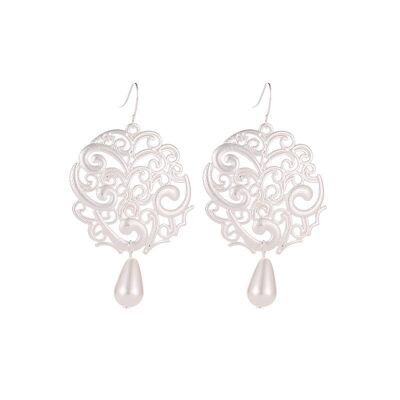 Boucles d'oreilles pendantes vintage palace rondes gravées de perles - BLANC