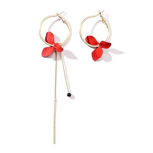 Asymmetric hoop petals slinky drop earrings - Red