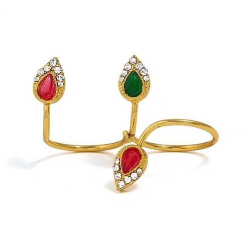 Adjustable colour stone two-fingers ring