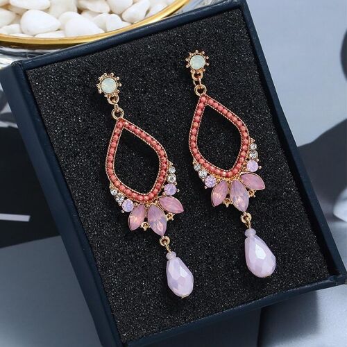 Water drop shaped with single pendant earrings - Pink