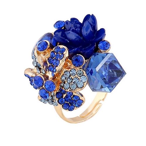 Adjustable crystal cub wth flower ring - Dark Blue