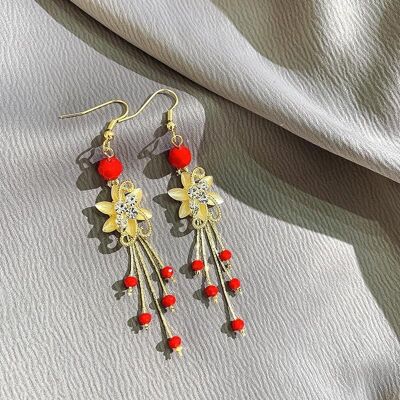 Flower Slinky Drop Beads Ohrringe - Rote Perlen