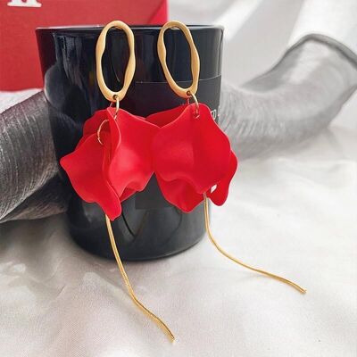 Red Rose Petals Earrings - Rose Petal Tassel