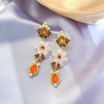 Boucles D'oreilles Baroque Romantique Fleur De Cristal Orange