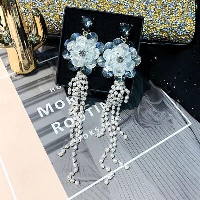 Crystal Flower Slinky Pearl Tassel Earrings