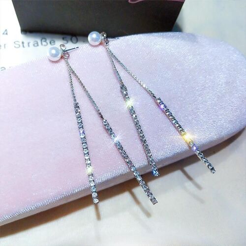 Pearl Stud with Diamond Slinky Drop Earrings - Silver