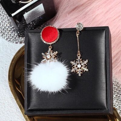 Christmas Asymmetric Snow Flake and Fur Ball Earrings - White