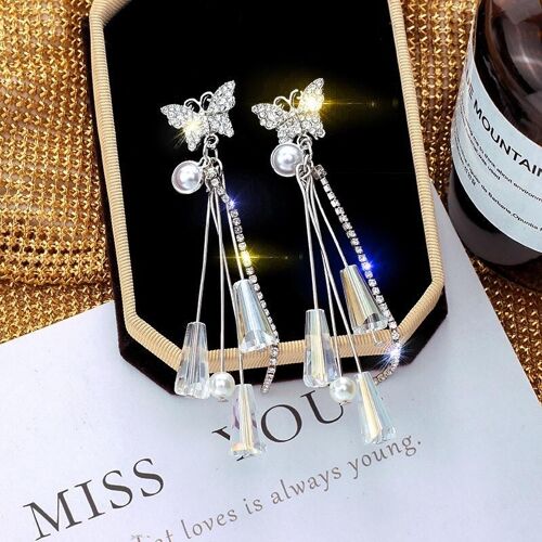 Butterfly with Pearl and Crystal Tassel Earrings - Silver