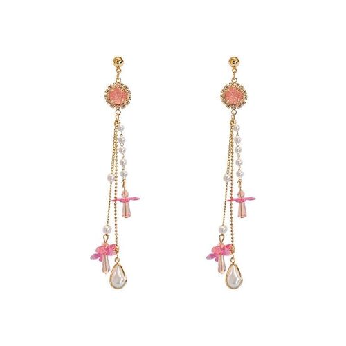 Flower Pearl Tassel Earrings - Pink