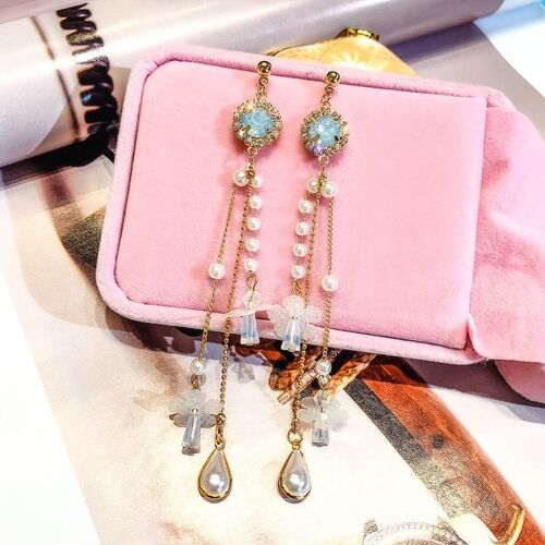Flower Pearl Tassel Earrings - Blue