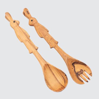 Olive Wood Bunny Salad Servers