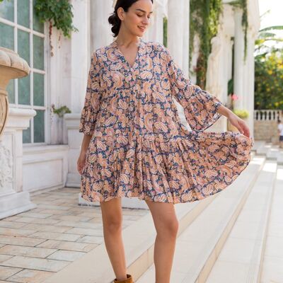 Tunika-Hemdkleid mit V-Ausschnitt, Bohemian-Print