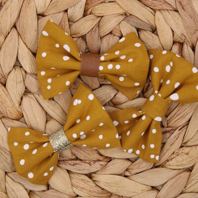 Set of 5 mustard cotton alligator clips with polka dots