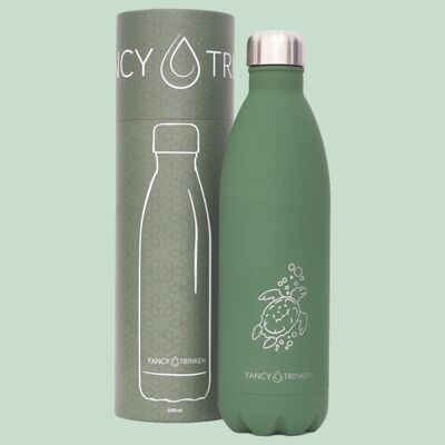 Drinking bottle made of stainless steel, double-walled insulated, 1 liter, dark green, marine animal