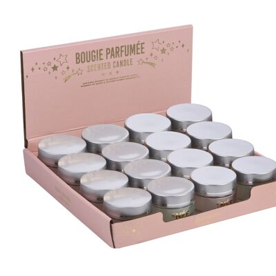 Display of 16 scented candles, 40 g cream jar