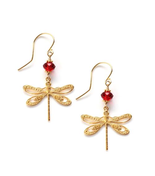 Gold Dragonfly earrings with Scarlet Red crystals